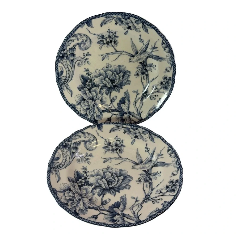 Lot of 2 222 Fifth Adelaide Blue White Toile Salad Plates 8.5